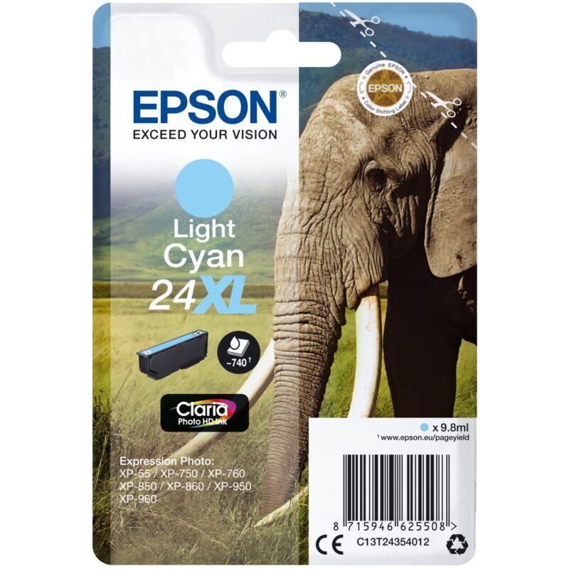 "Epson Tinte 5LB 24XL ink cartridge light cyan high capacity 9.8ml 740 pages 1-pack blister without alarm"
