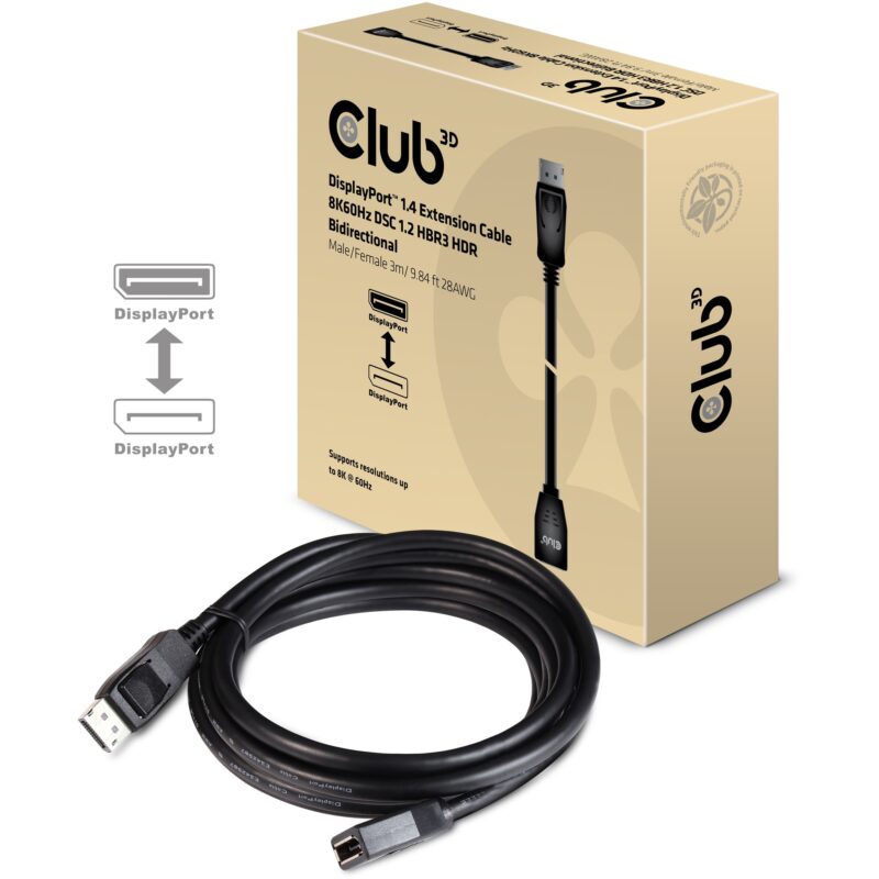 "Club3D DisplayPort-Kabel 1.4 Verlängerung 3m 8K60HZ St/Bu retail"