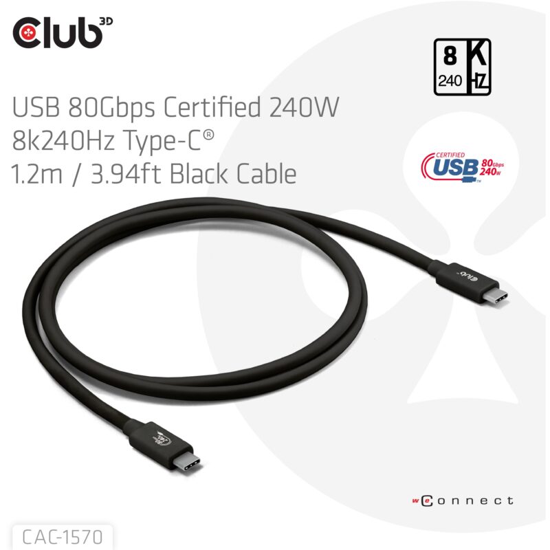 "Club3D Kabel USB-C 80Gbps zertifi. PD240W/8K240Hz 1.2m St/St"
